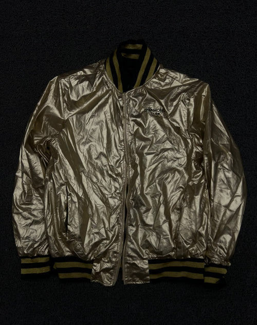 Metallic Gold Bomber Jacket with Black & Gold Striped Ribbed Details ⚠️ No Zip