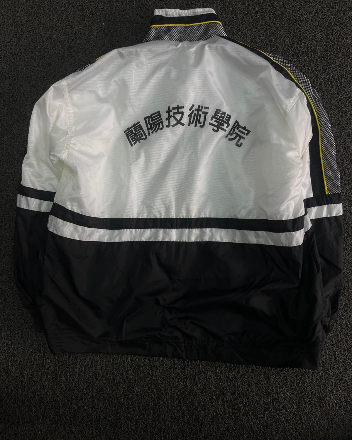 Vintage Black & White Retro Track Jacket with Yellow Piping