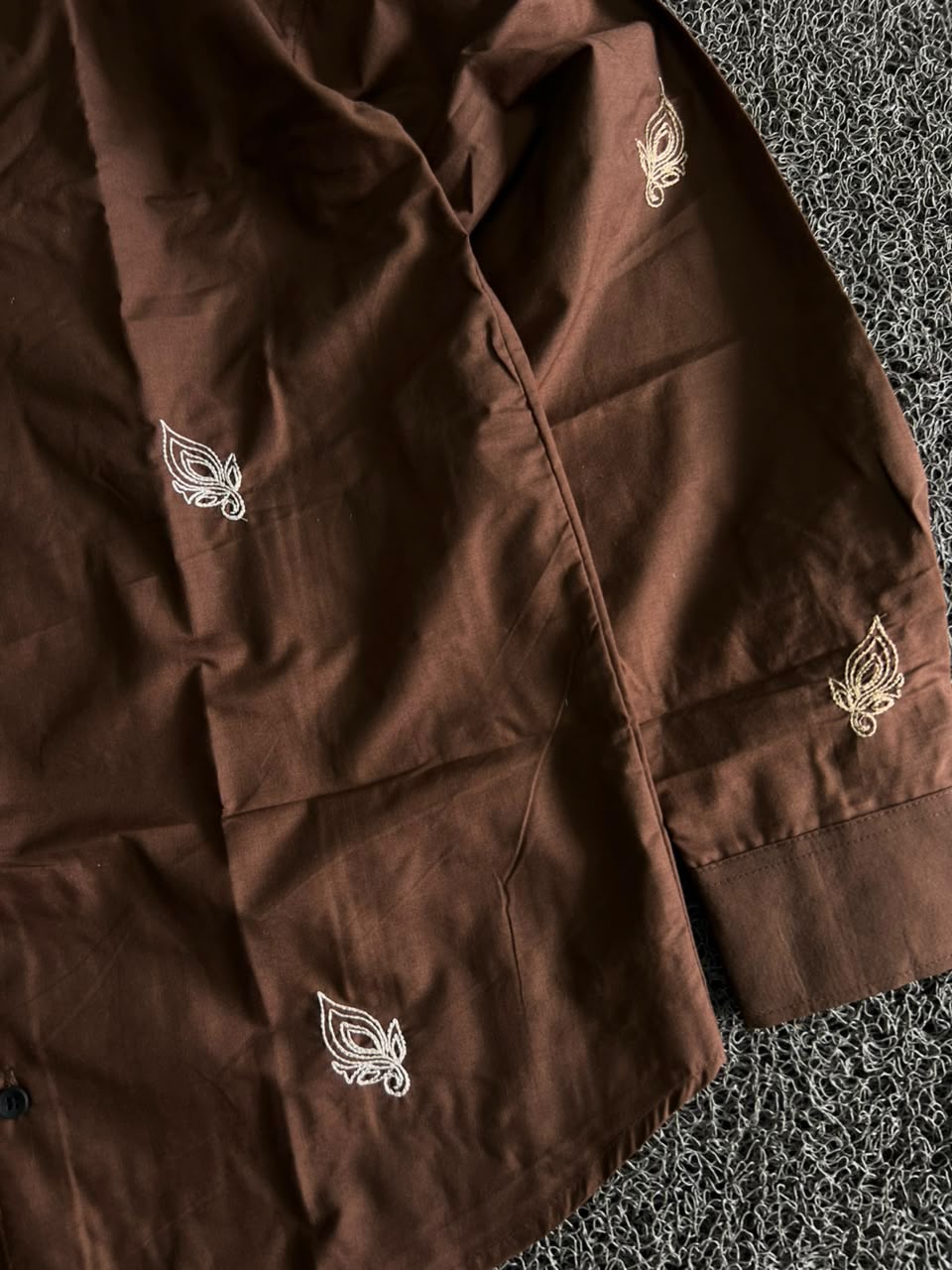 Chally Brown Leaf Embroidery Button-Down Shirt