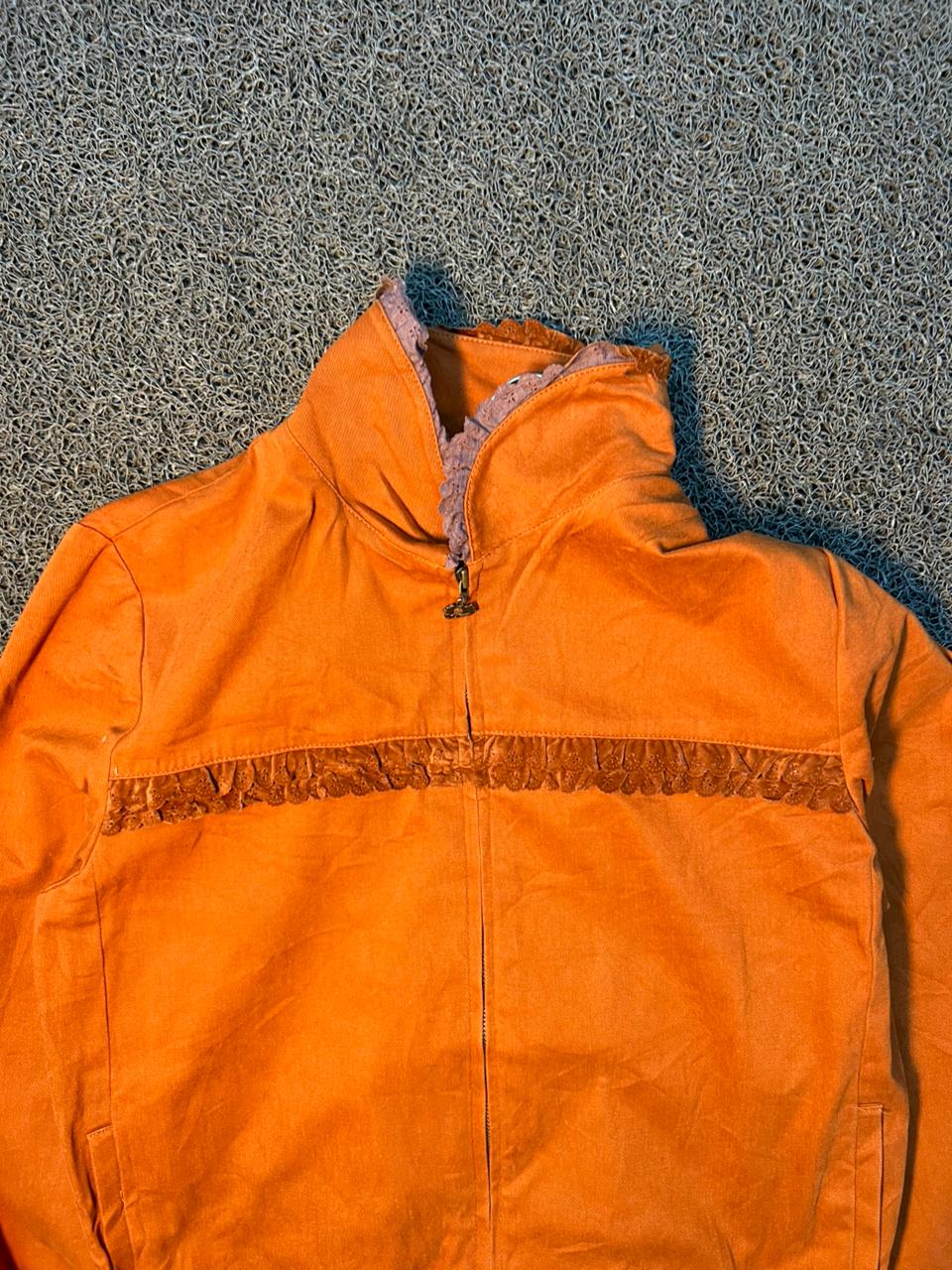 Orange High Neck Zip-Up Jacket with Frill Detail | Casual Lightweight Bomber