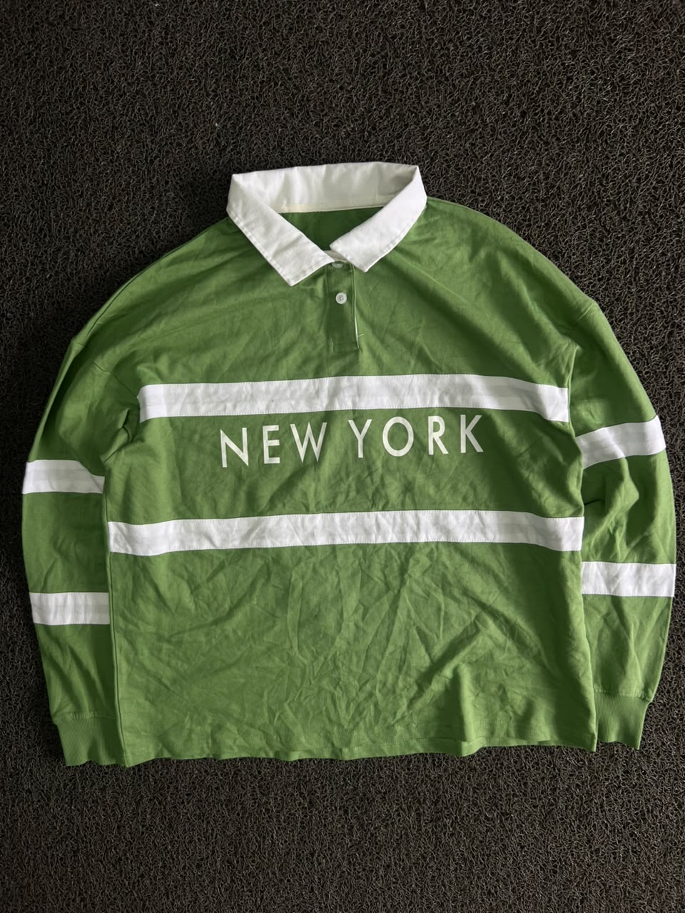 Green & White “New York” Striped Rugby-Style Polo T-Shirt