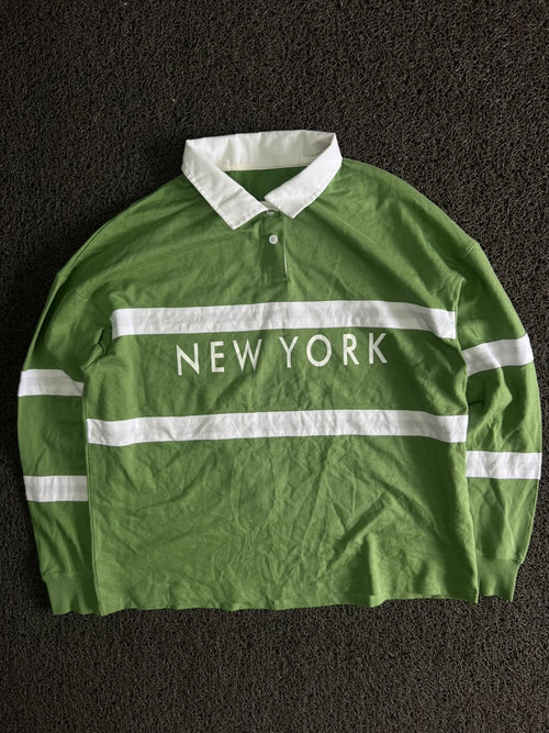 Green & White “New York” Striped Rugby-Style Polo T-Shirt