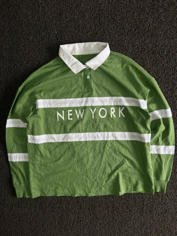 Green & White “New York” Striped Rugby-Style Polo T-Shirt