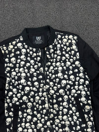 Black Skull Print Bomber Jacket | Gothic Streetwear Snap-Button Jacket ⚠️ No Zip
