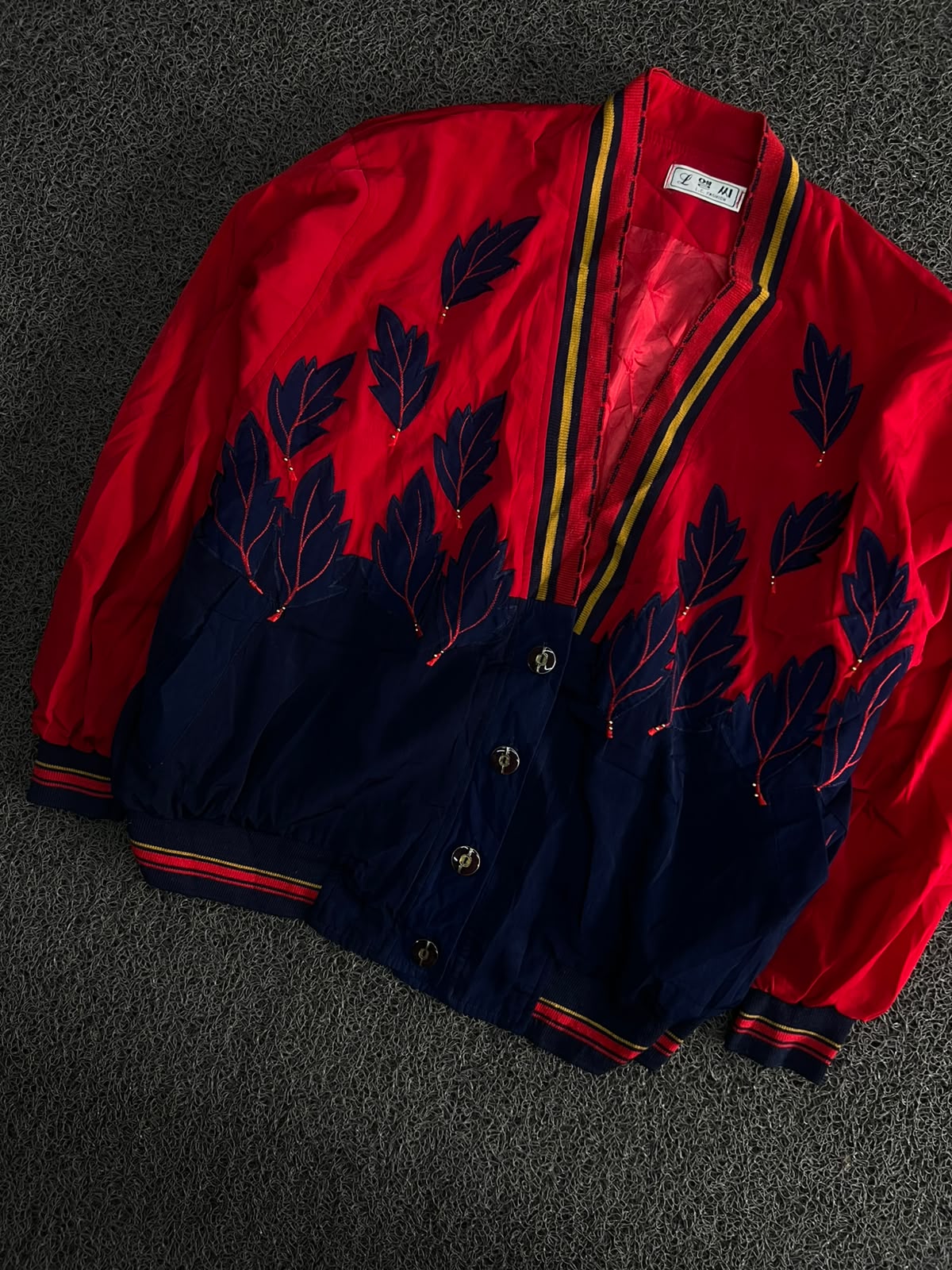 Red & Navy Leaf Pattern Varsity Jacket