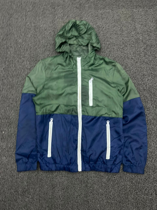 Green & Navy Color Block Hooded Windbreaker Jacket
