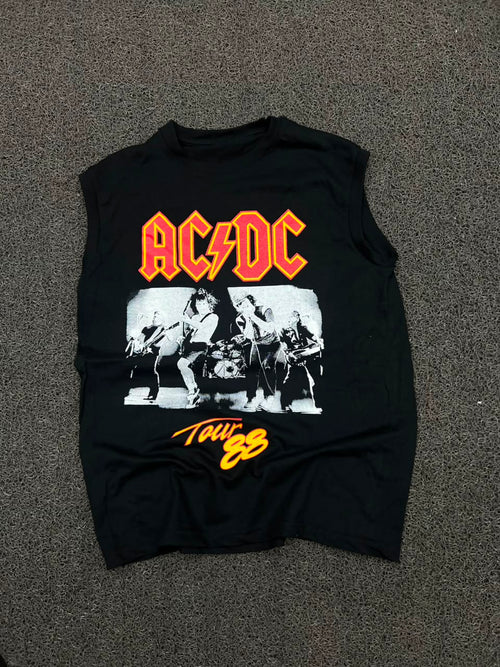 AC/DC Tour '88 Sleeveless Band T-Shirt – Black Vintage Rock Graphic Tee