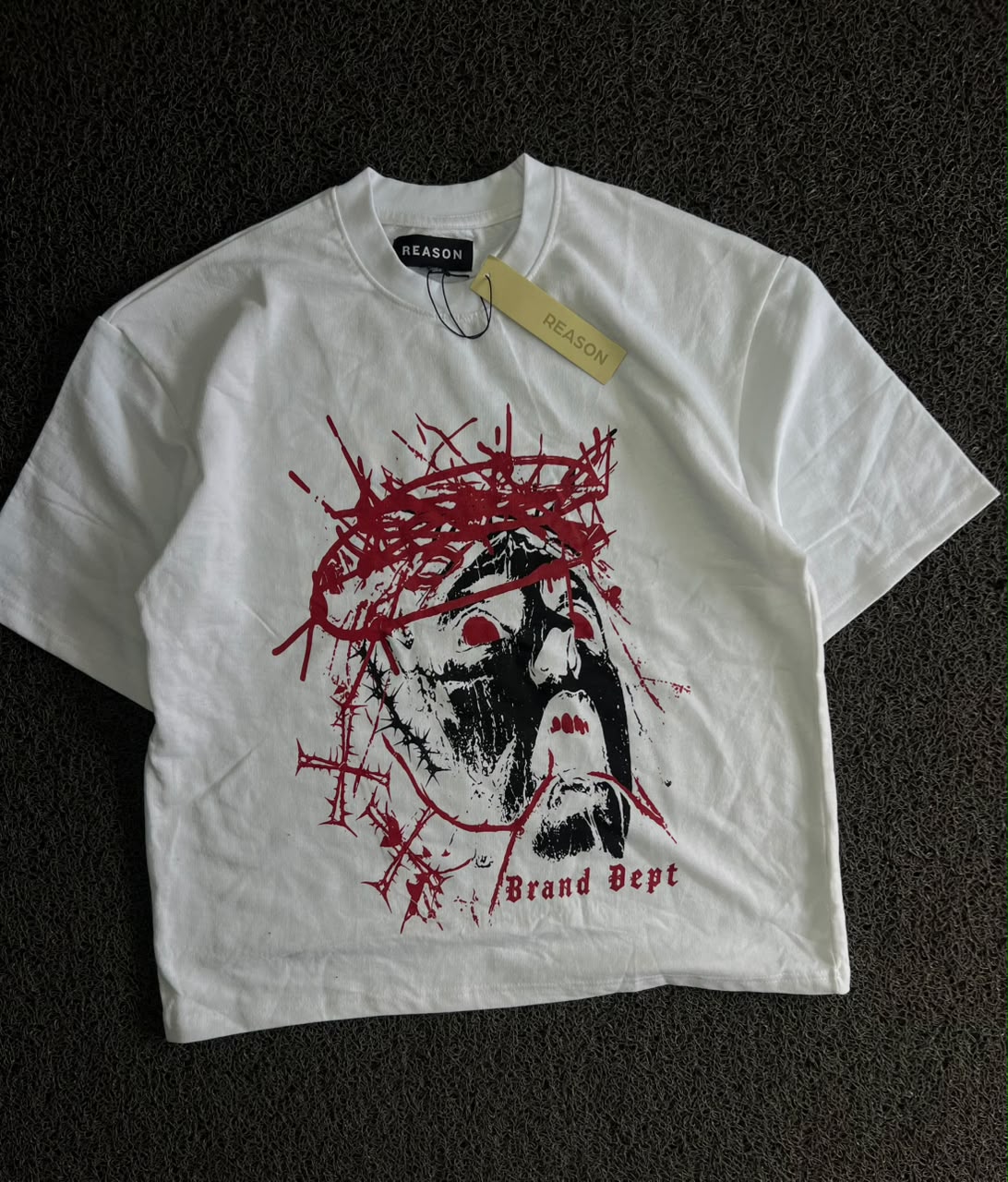 White Graphic Print Oversized T-Shirt with Gothic Face Design