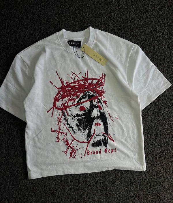 White Graphic Print Oversized T-Shirt with Gothic Face Design